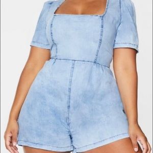 Plus Light Blue Wash Square Neck Denim Romper